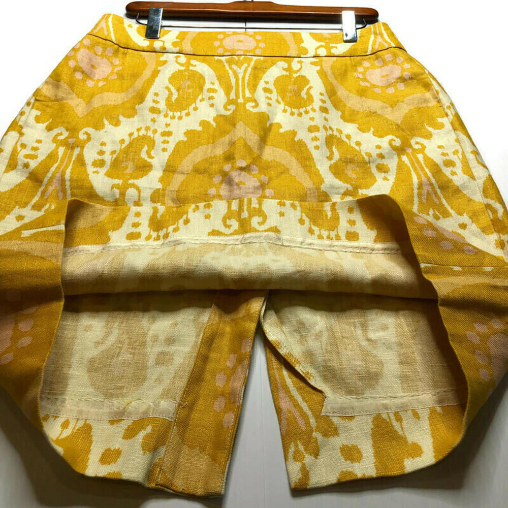 J Crew Patterned Pencil Skirt Yellow 100% Linen Pockets Kick Pleat Knee Length 2 - Picture 3 of 8